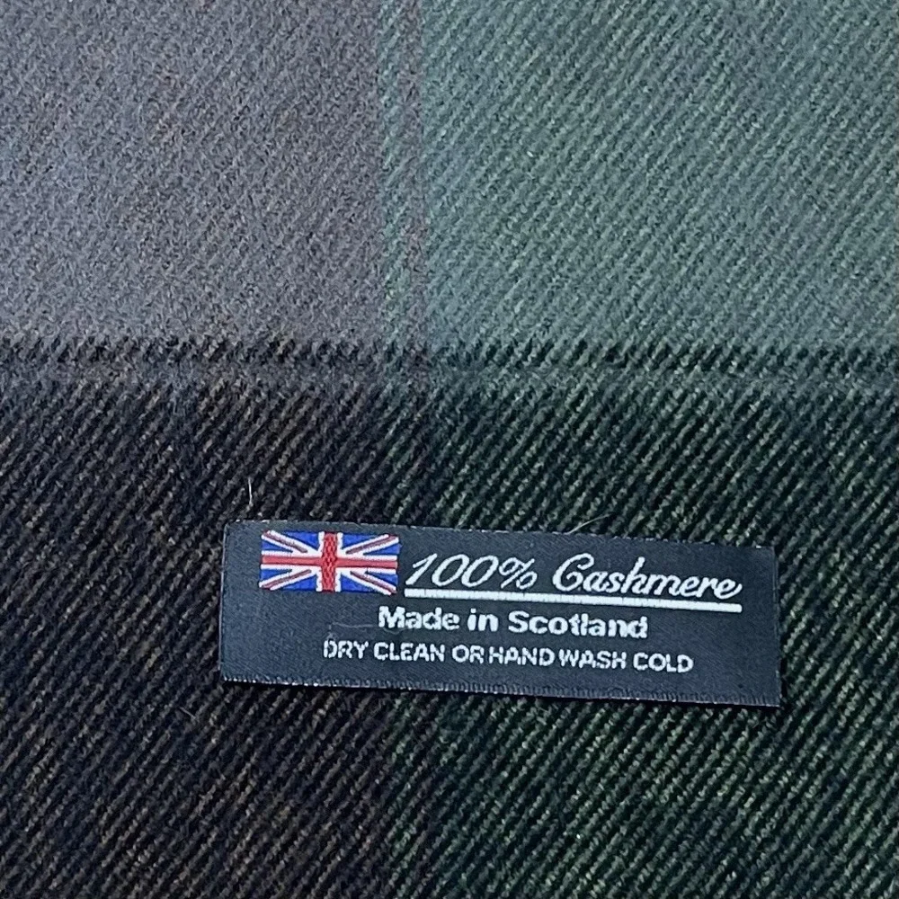 100% Scotland Cashmere Rectangular Scarf Gray Olive Burgundy Plaid Quiet Luxury